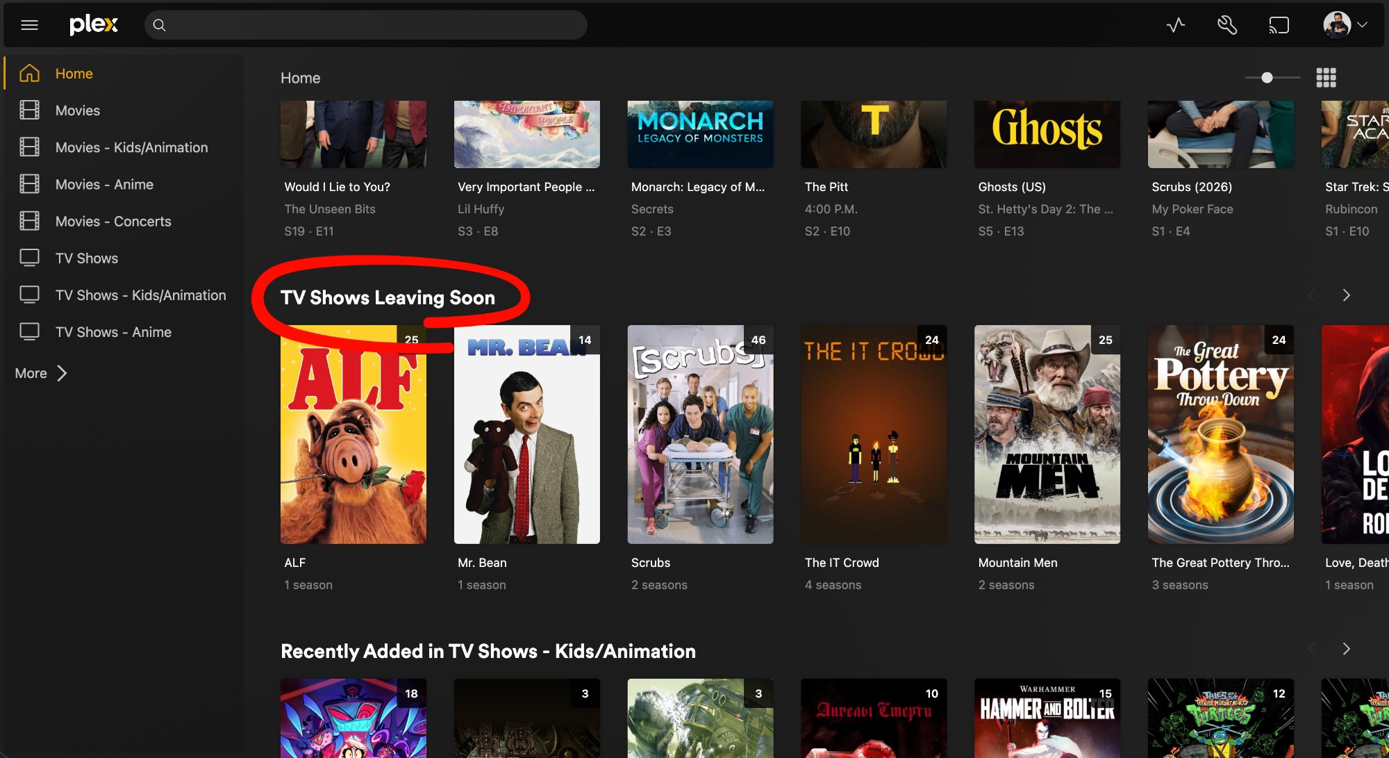 TV Shows Leaving Soon collection on Plex Home